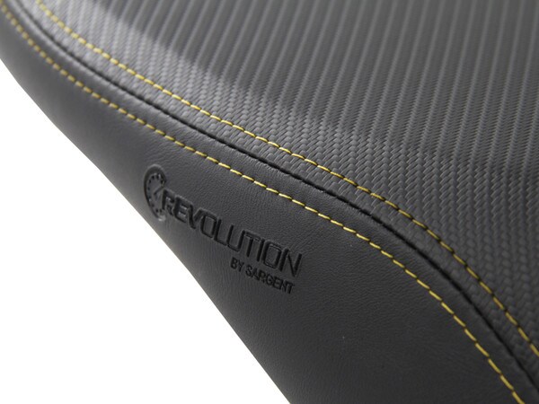 Detail of yellow double-stitch on the BMW R12GSA Rallye REVolution Seat.
